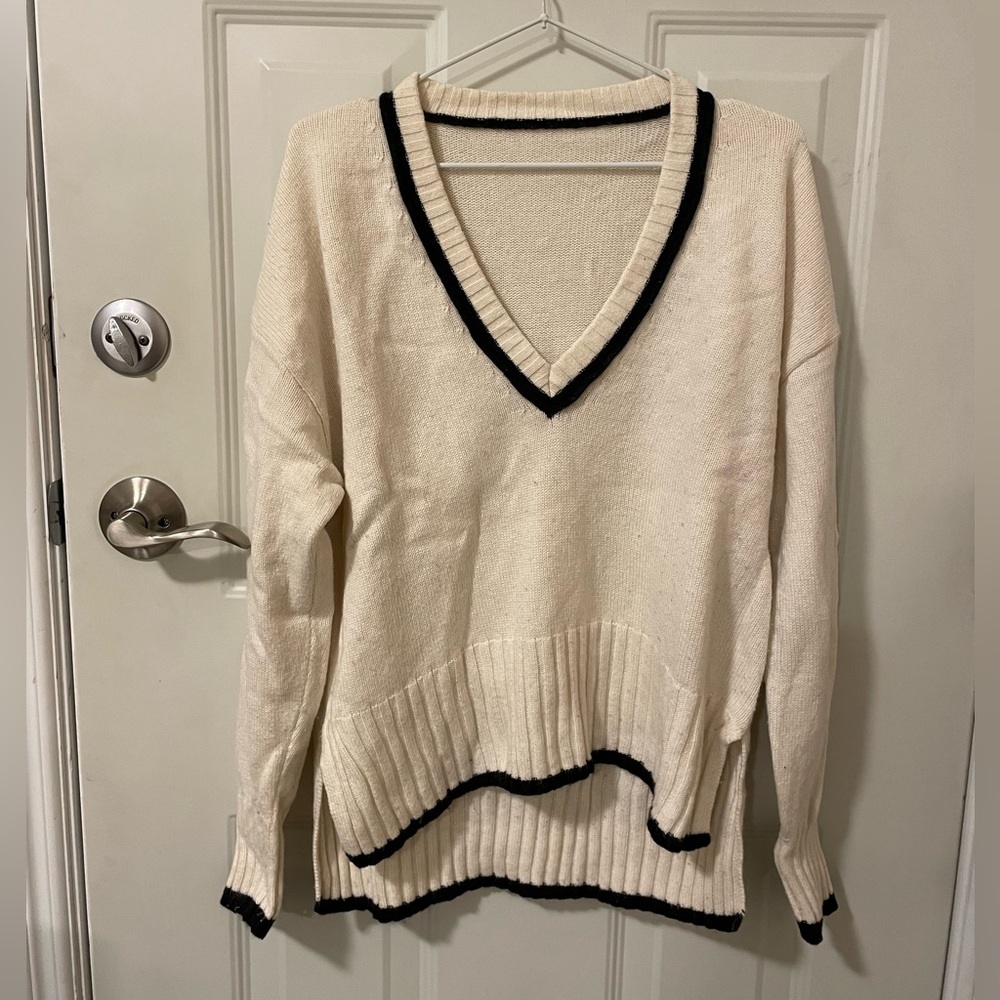 V-Neck Cream Sweater with Black Trim